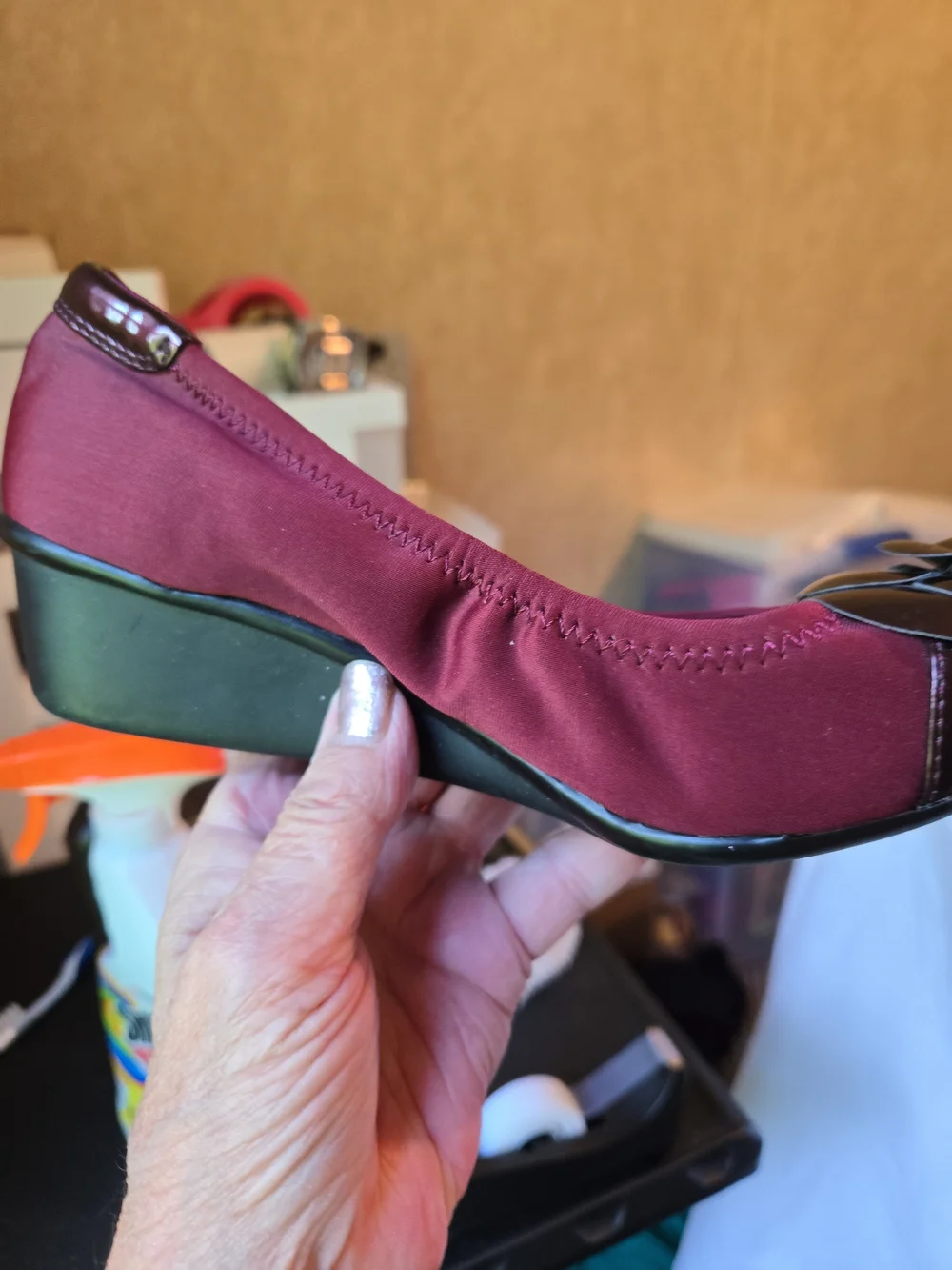 Anne Klein Burgundy Wedge Ballet Flats with Glossy Floral Toe